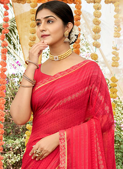 Red Georgette Foil Printed Saree with Unstitched Blouse Piece - Avika - Distacart