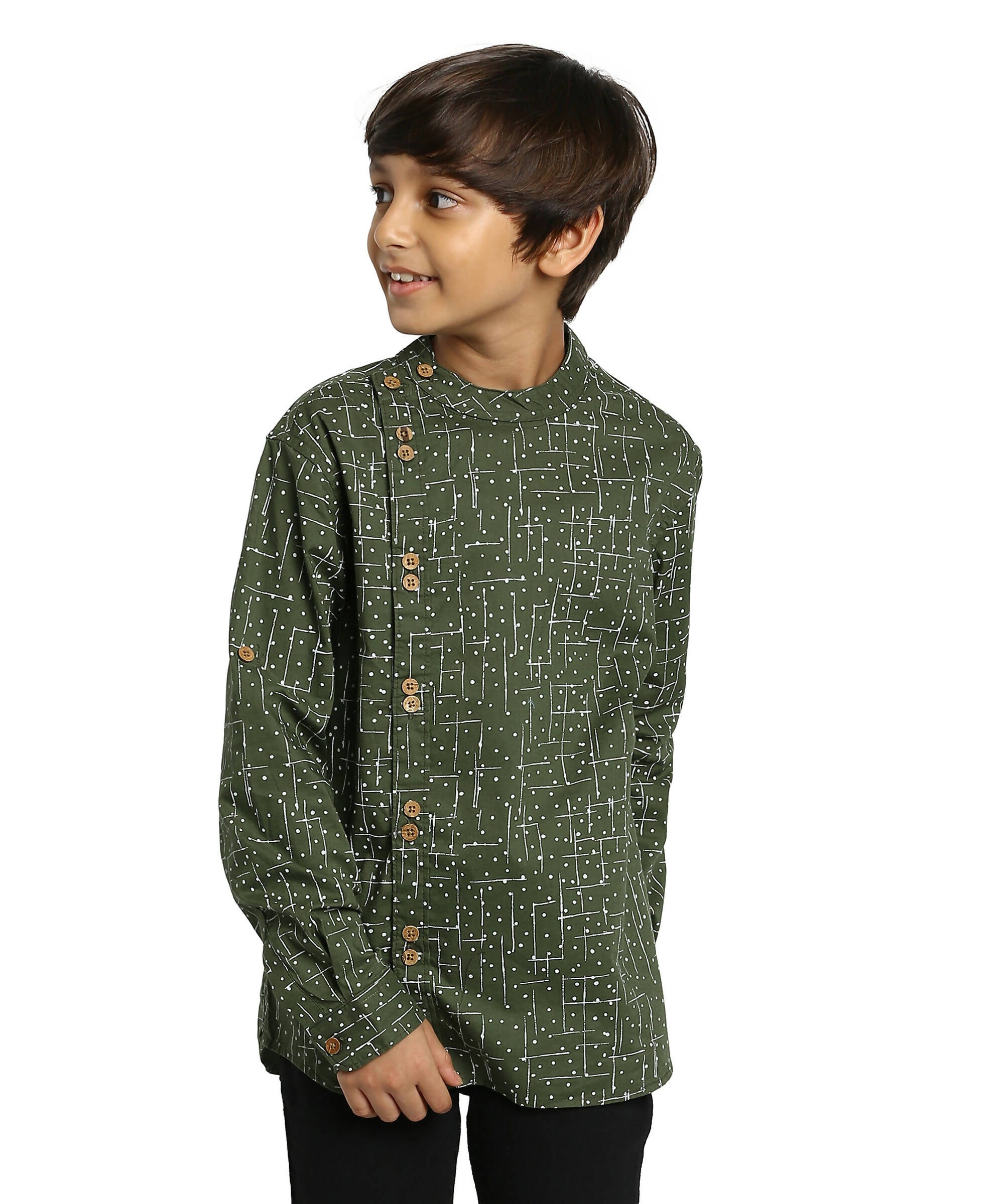 Manet Boys Full Sleeves Dot Printed Ethnic Shirt - Olive Green - Distacart
