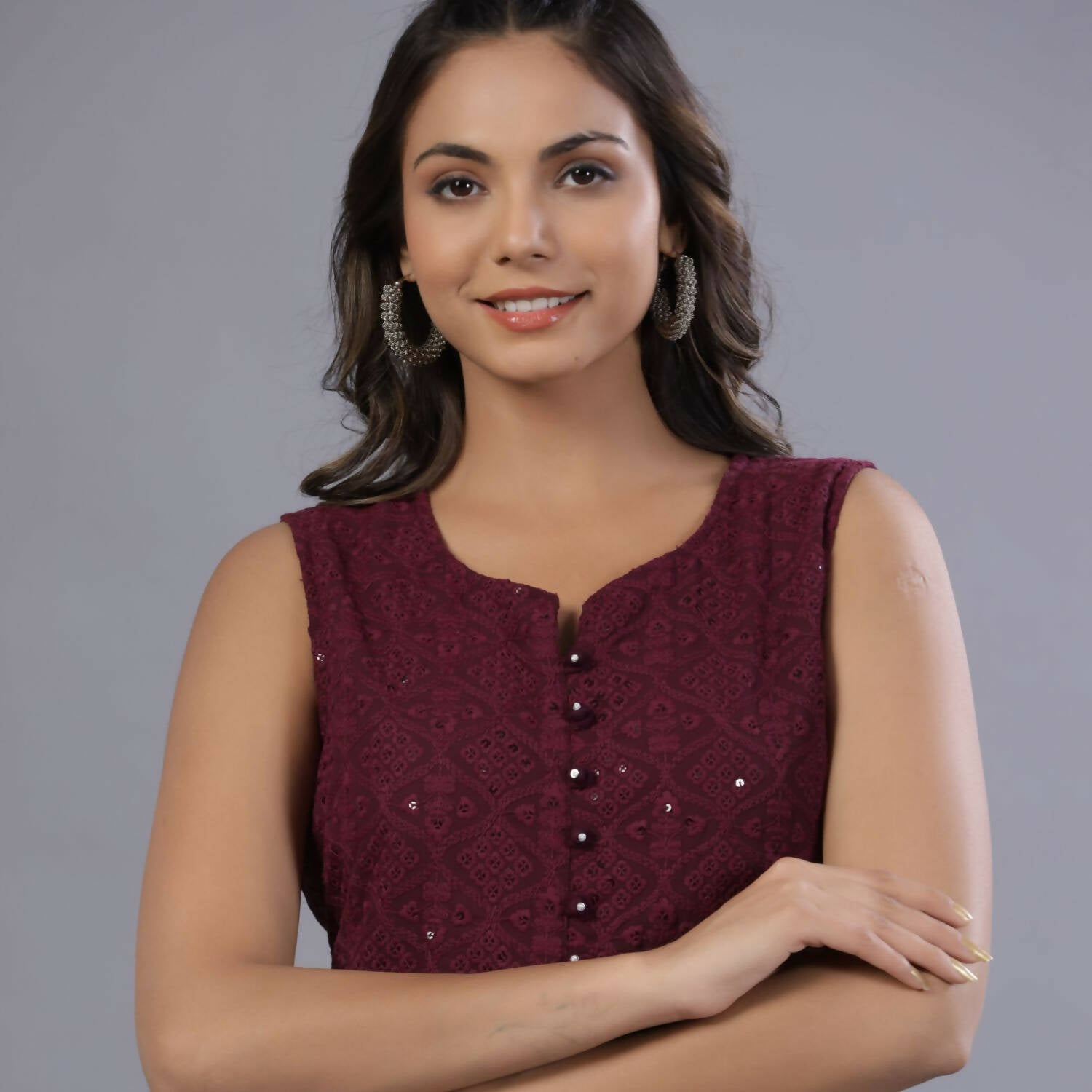 Juniper Women Wine Georgette Embroidered Peplum Tunic - Distacart