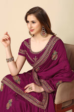 Thumbnail for Wine Chinon Embroidered Saree with Unstitched Blouse Piece - Roozal - Distacart