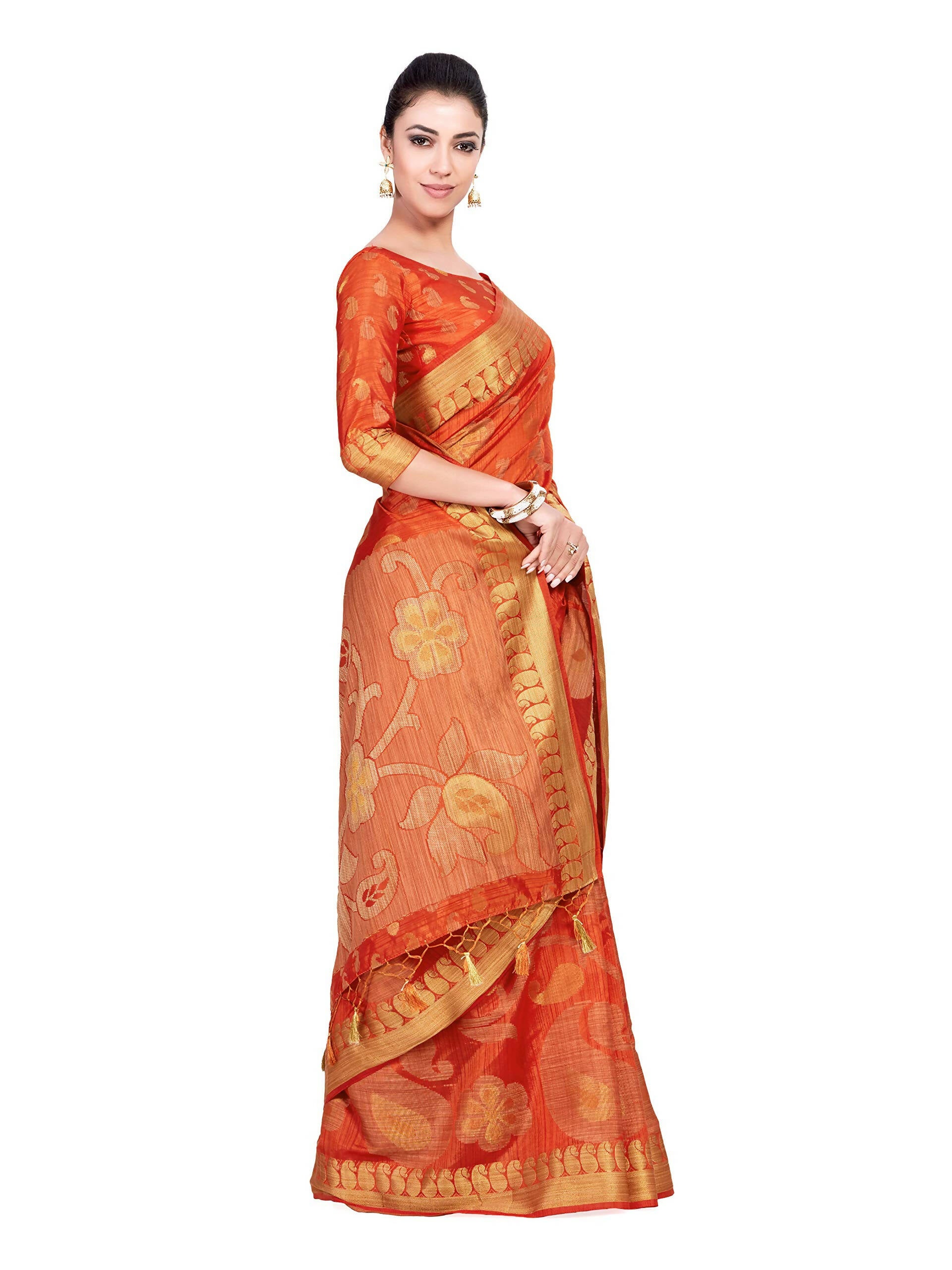Mimosa Women's Kanchipuram Art Silk Orange Saree - Distacart