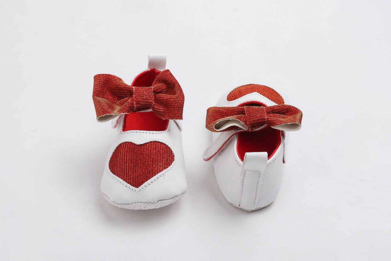 Tiny Bugs Girls Heart Bow Detailing Booties - White & Red - Distacart