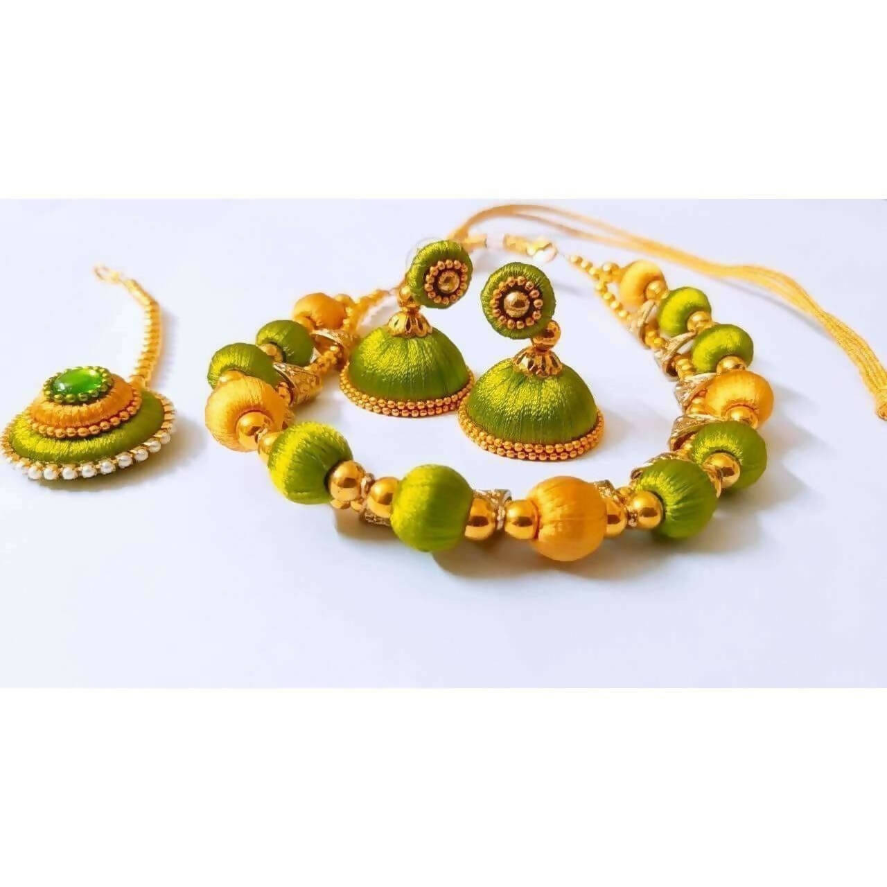 Green and Gold Silk Threaded Necklace Set with Earrings and Maang Tika - Distacart