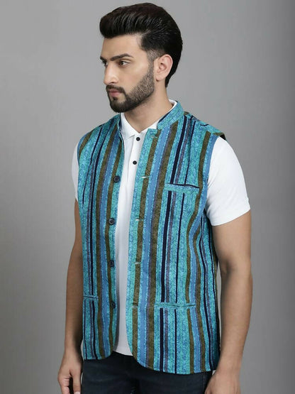 Even Apparels Nehru Jacket With Welt Pockets - Blue - Distacart
