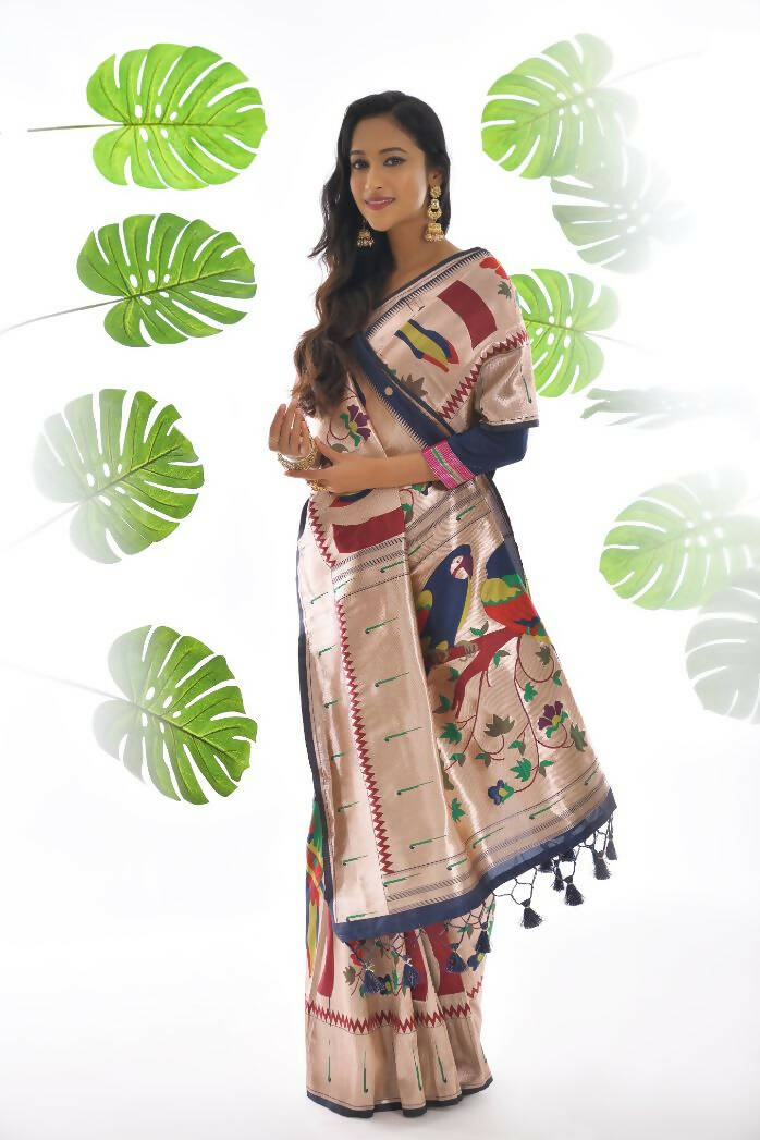 Vishnu Weaves Women's Blue Paithani Silk Zari Woven Saree with Unstitched Blouse - Distacart