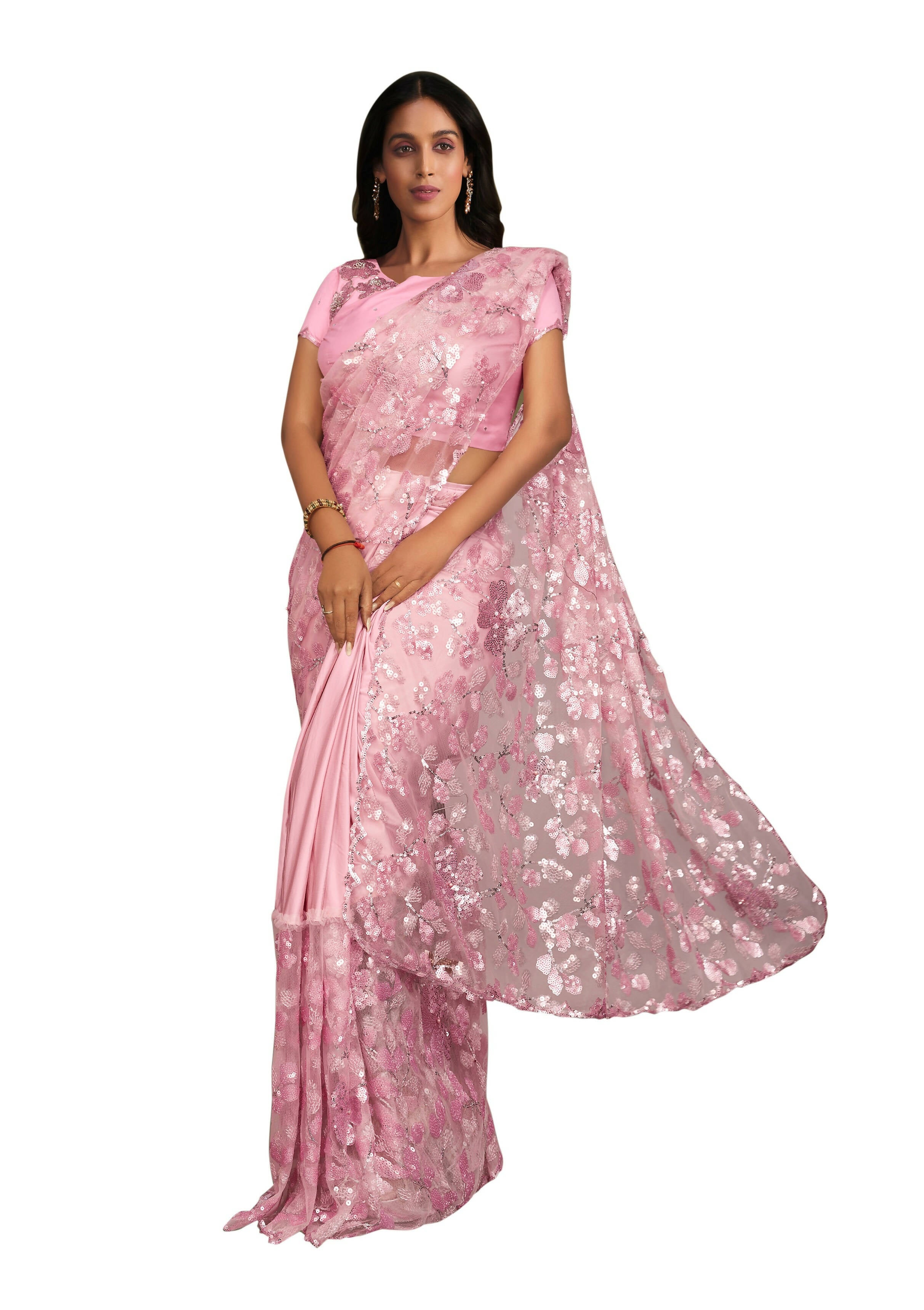 Pink Crepe Lycra Sequence Embroidered Saree With Stitched Blouse - Mohmanthan La Belle - Distacart