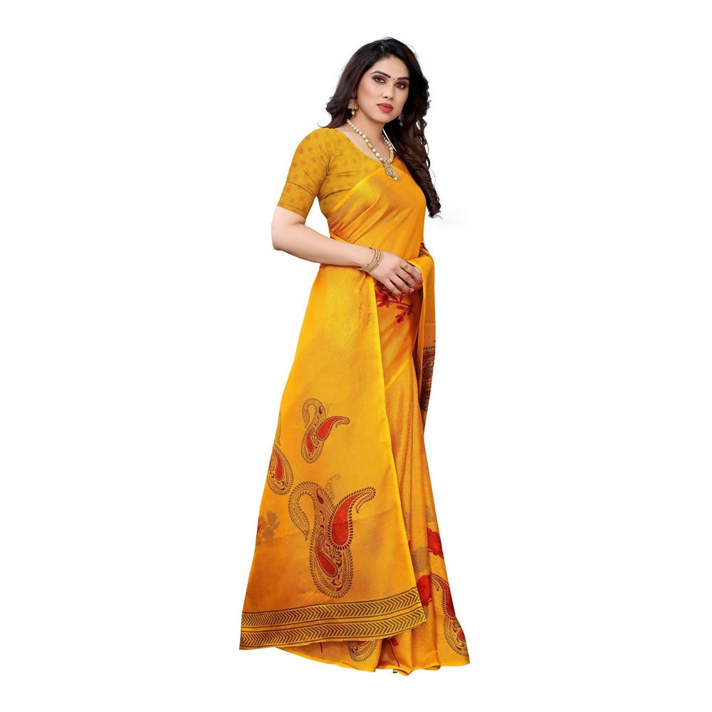 Vamika Printed Jute Silk Yellow Saree for daily wear