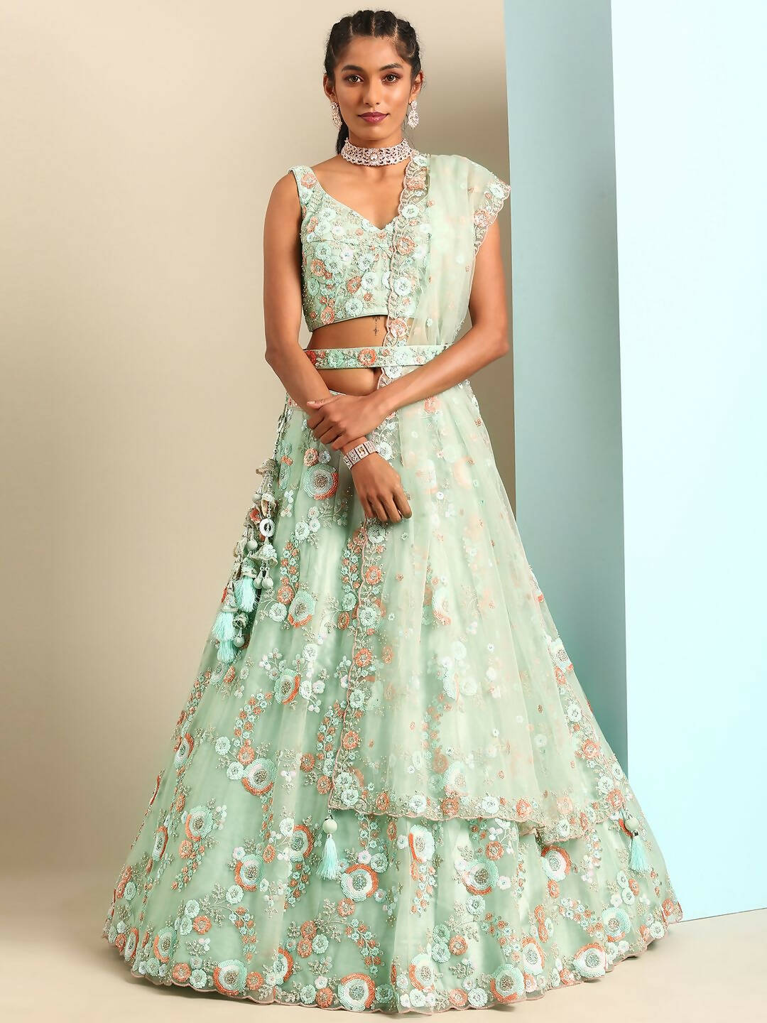 House of Panchhi Sea Green Net Sequins and Zarkan embroidery Lehenga choli & Dupatta - Distacart