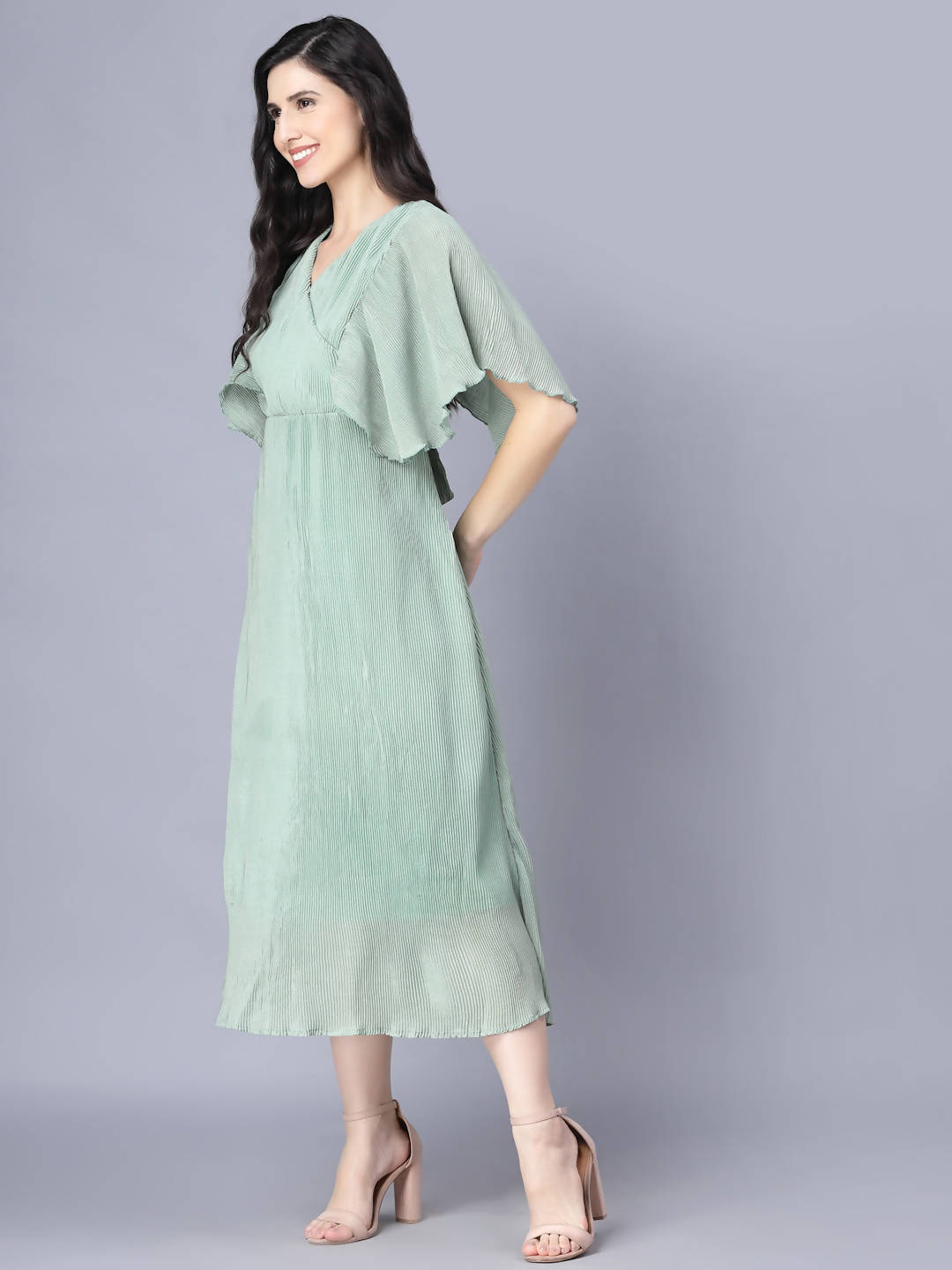 Myshka Chiffon Solid Short Sleeve V Neck Green Women Dress - Distacart