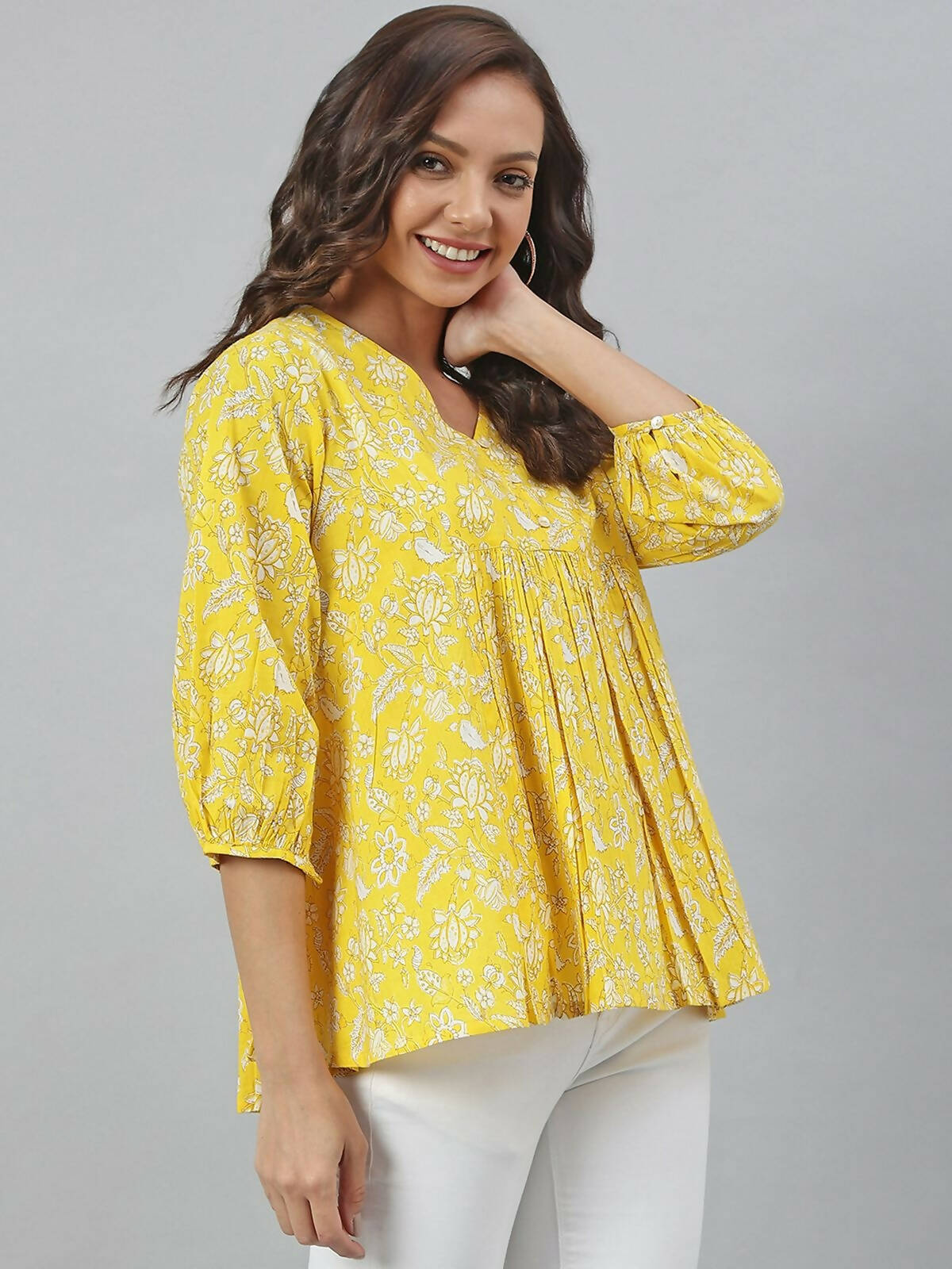 Janasya Women's Yellow Cotton Floral Print Flared Top - Distacart