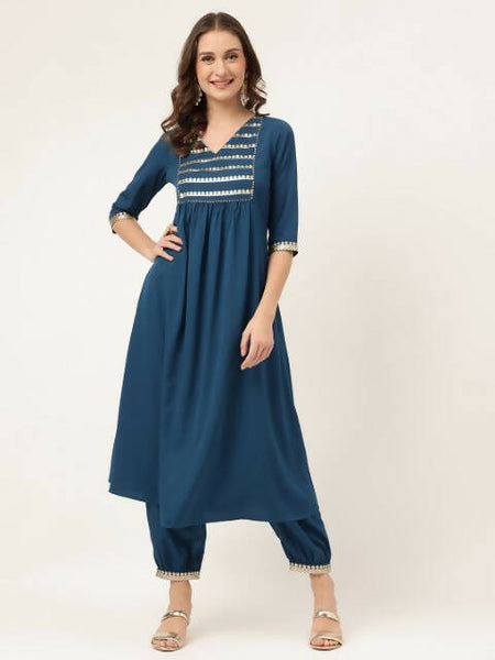 FIORRA Women's Turquise Blue Poly Crepe A-Line Kurta Set - Distacart