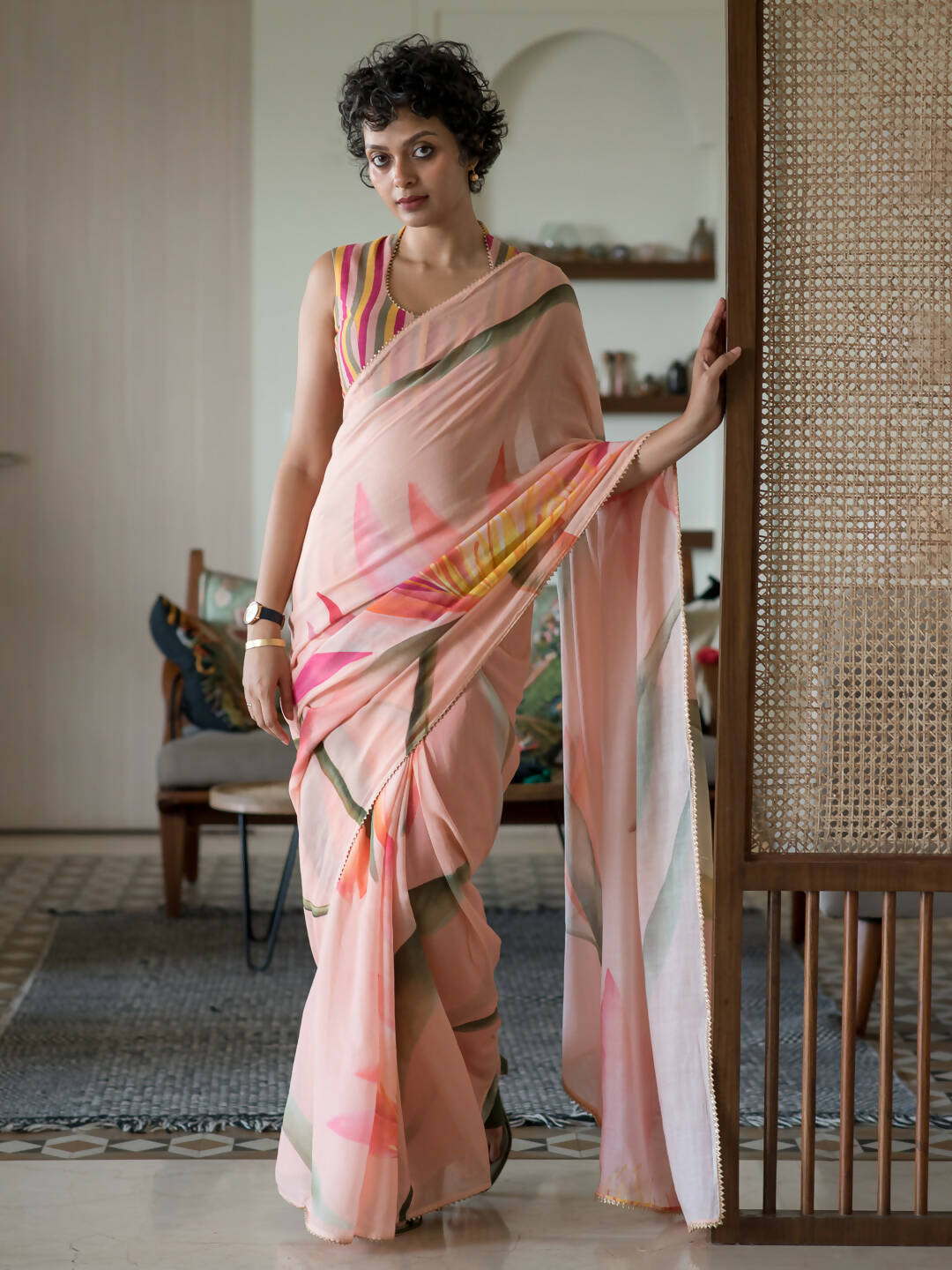Suta Peach Floral Pure Cotton Saree - Distacart