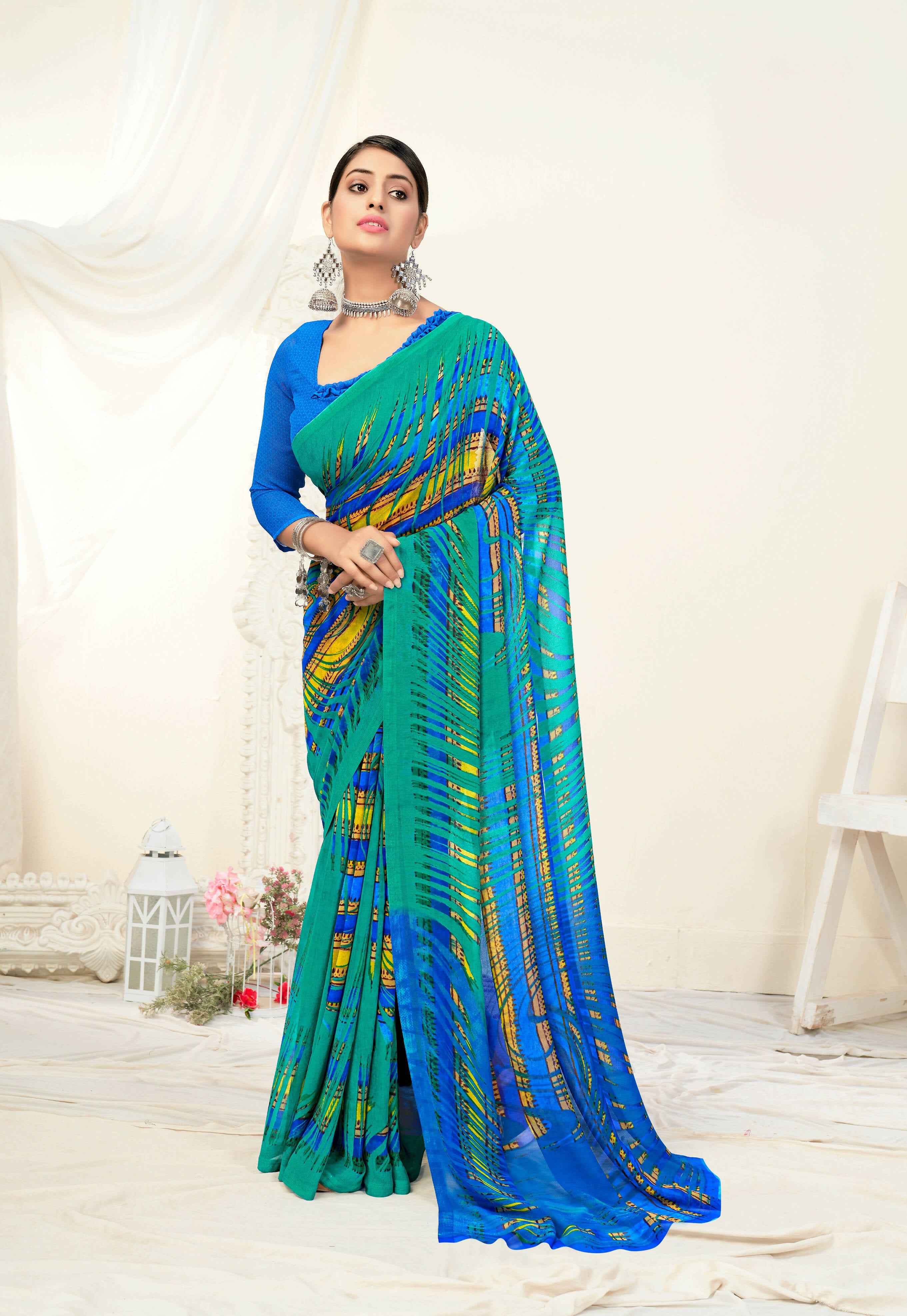 Green Georgette Texture Printed Saree With Unstitched Blouse Piece - Jyoti - Distacart