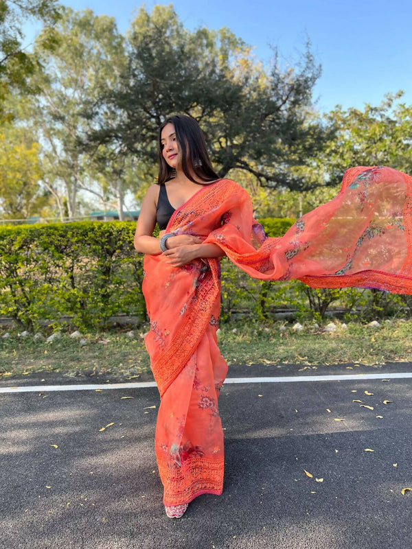 Vastrasky Orange Organza Saree - Distacart