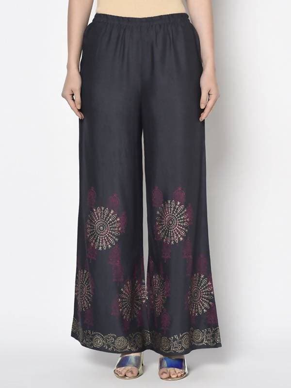 Aniyah Rayon Dark Grey Color Block Print Flared Slip-On Palazzo (AN-201K)