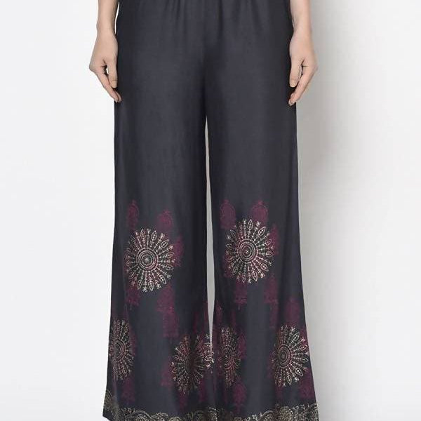 Aniyah Rayon Dark Grey Color Block Print Flared Slip-On Palazzo (AN-201K)