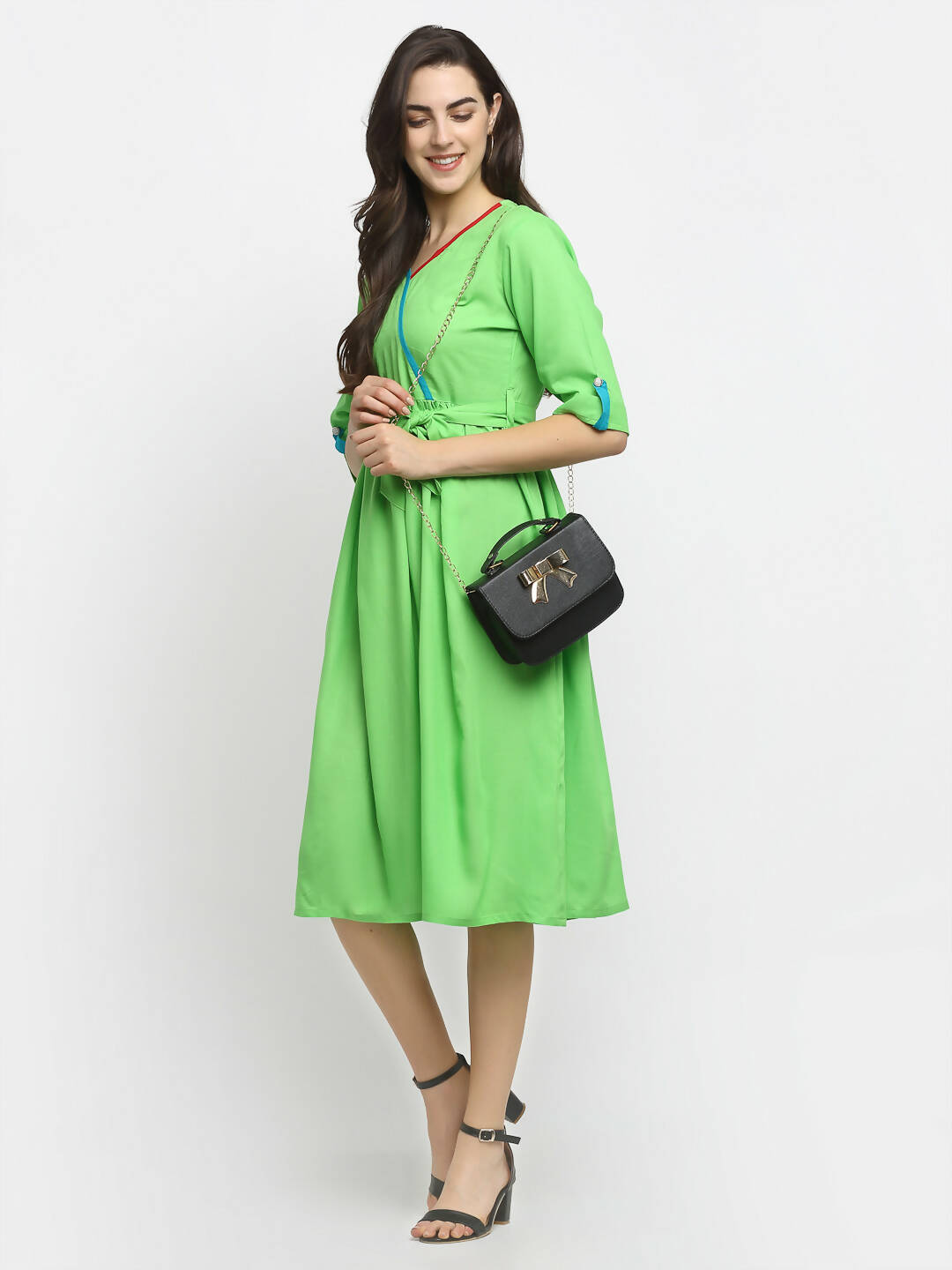 Rudra Bazaar Lime Green Flared Kurta with Belt - Distacart