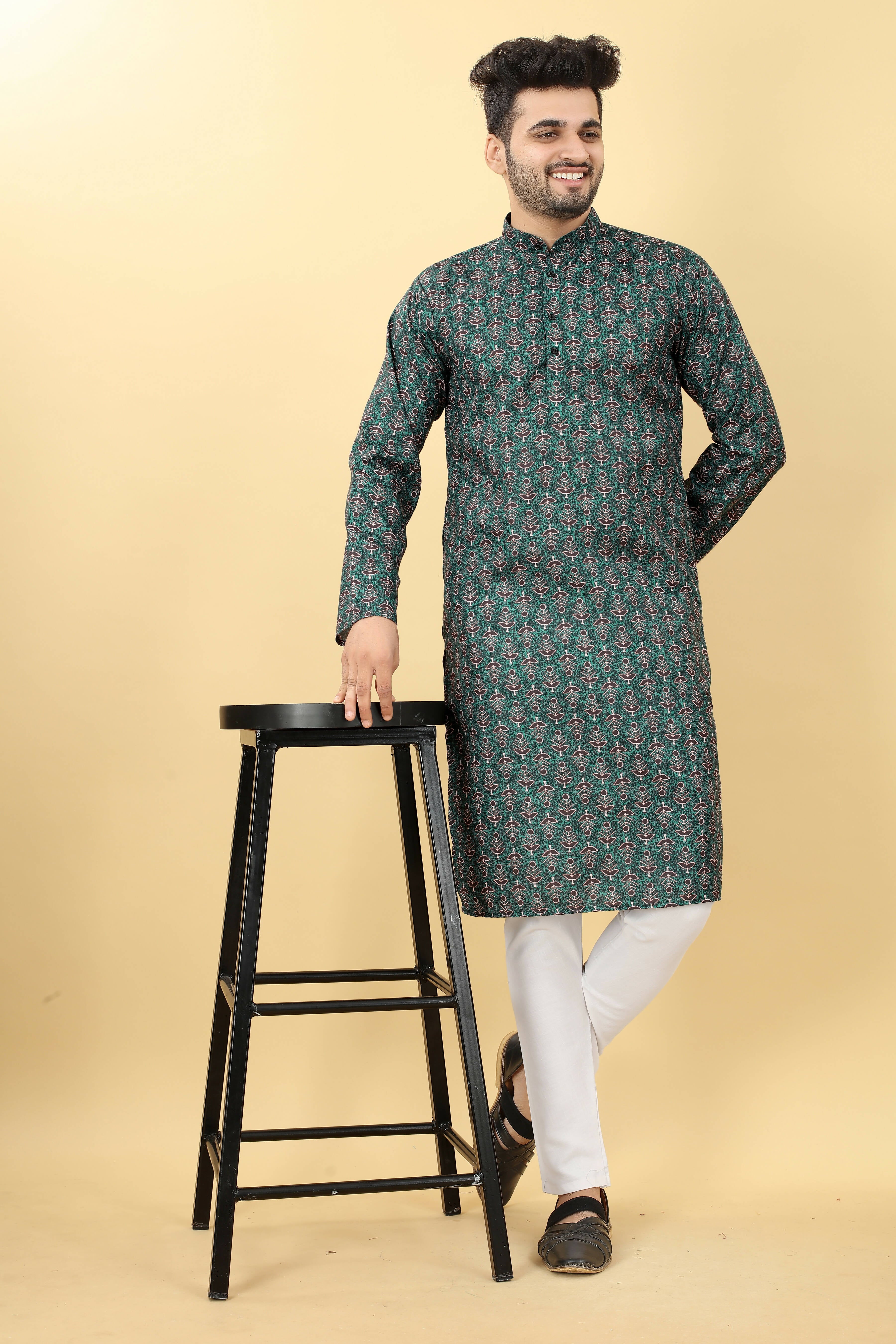Teal Cotton Printed Men's Kurta - Mahotsav - Distacart
