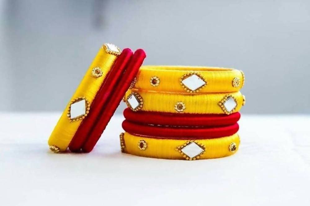 Yellow and Red Silk Threaded Bangles Set of 2