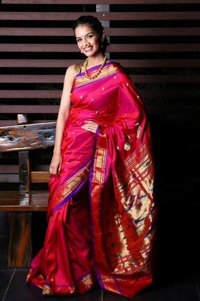Very Much Indian Pure Silk Yeola Handloom Paithani Saree - Pretty Pink - Distacart