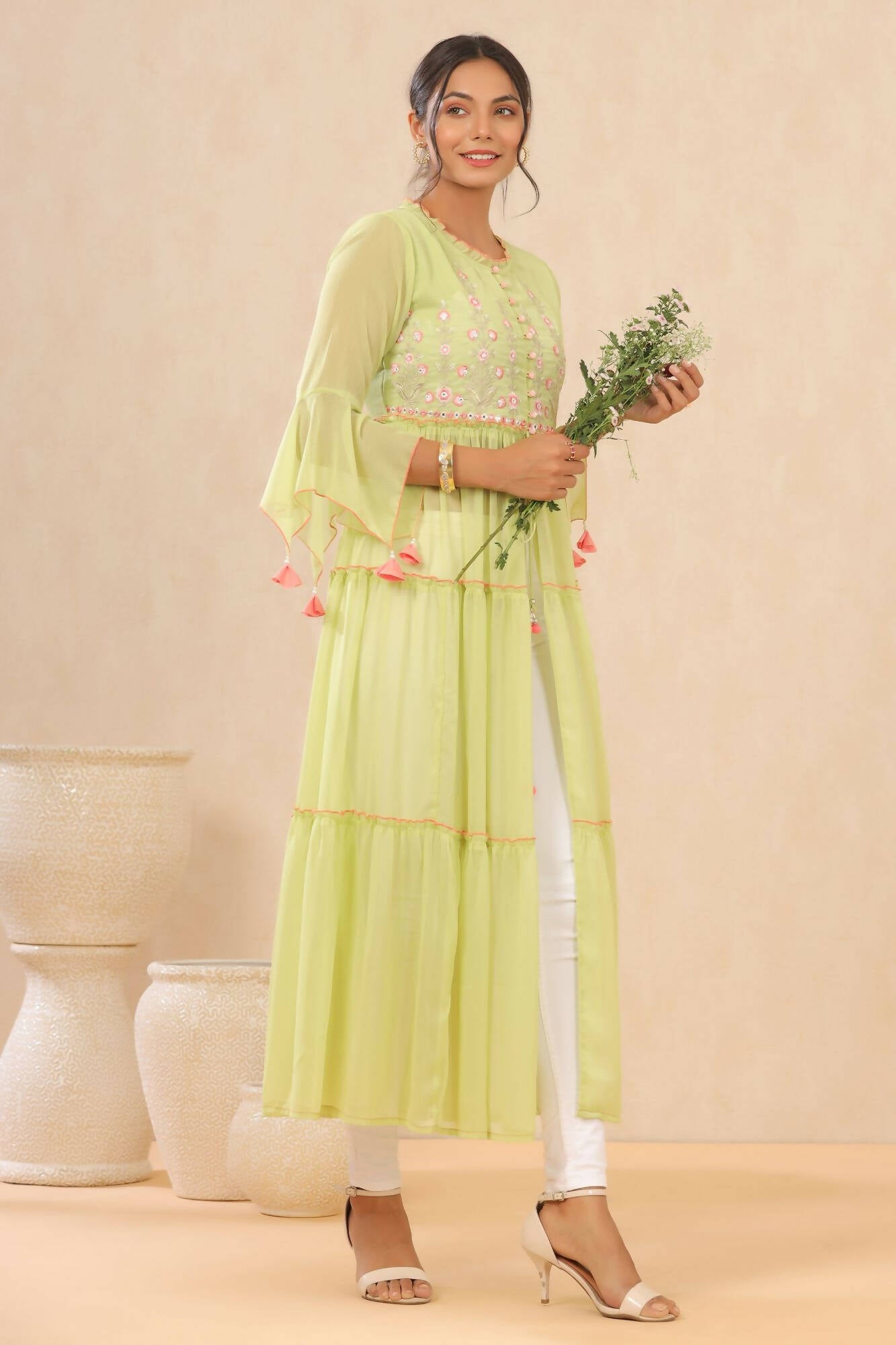 Juniper Women Green Chiffon Embroidered Tiered Kurta - Distacart