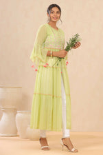 Thumbnail for Juniper Women Green Chiffon Embroidered Tiered Kurta - Distacart