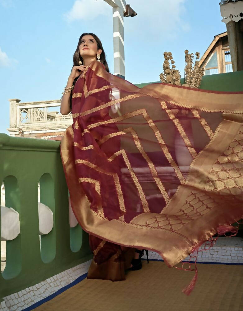 Delightful Designer Maroon Color Organza Silk Saree With Weaving Work - Yomika Fashions - Distacart