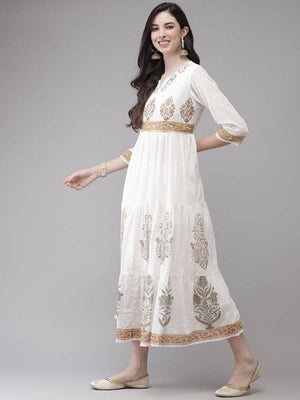 Yufta White Ethnic Printed Flared Dress