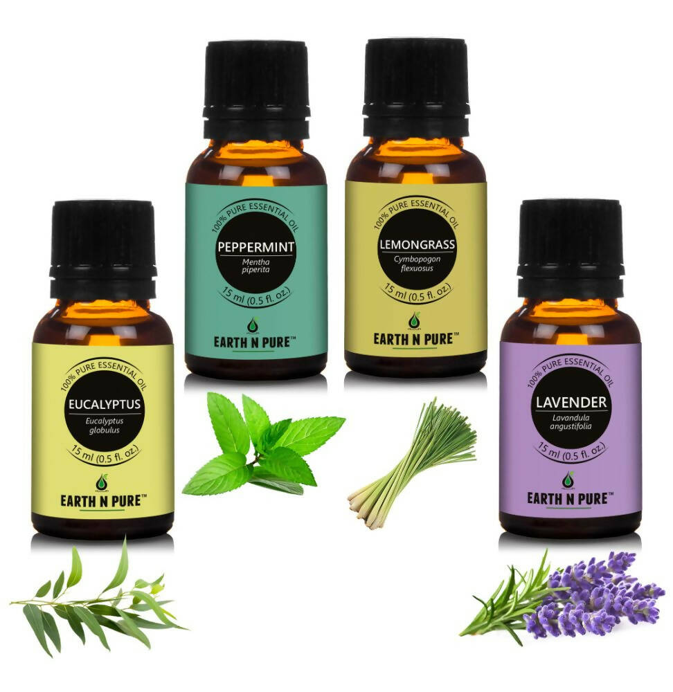 Earth N Pure Essential Oils (Eucalyptus, Lemongrass, Lavender & Peppermint) Combo - Distacart