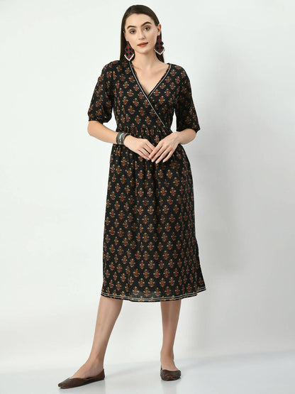 Myshka Women's Black Empire Printed Dress - Distacart