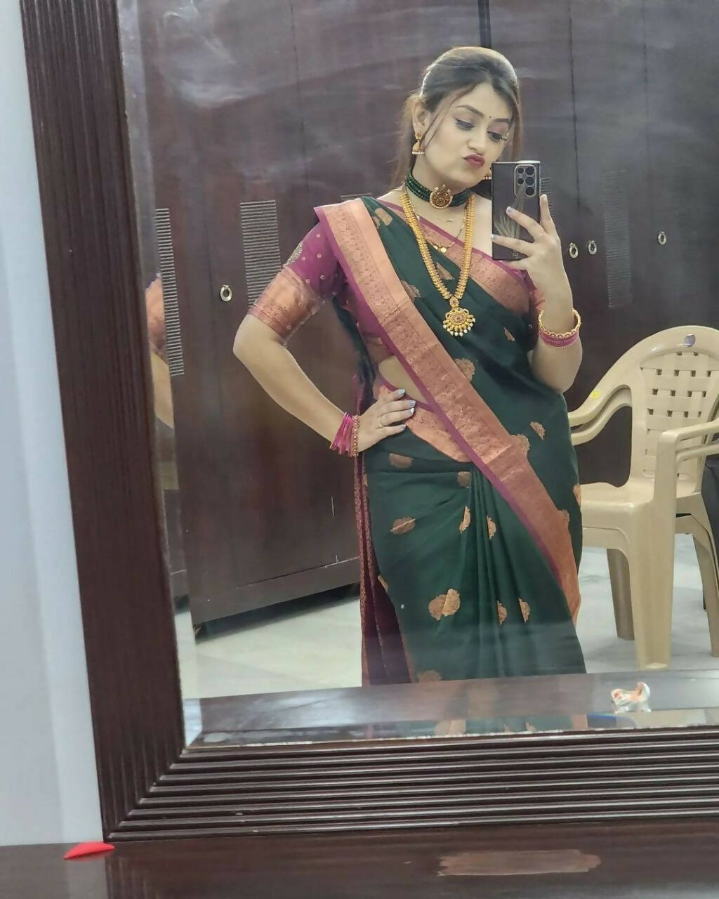 DEIANA'S Beautiful Golden Jari with New Design Soft Lichi Silk Saree - Green - Distacart