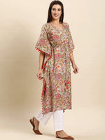 Thumbnail for Janasya Beige & Pink Floral Printed Floral Kaftan Kurta - Distacart