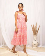 Thumbnail for FIORRA Women's Peach Cotton Floral Printed Western Dress - Distacart