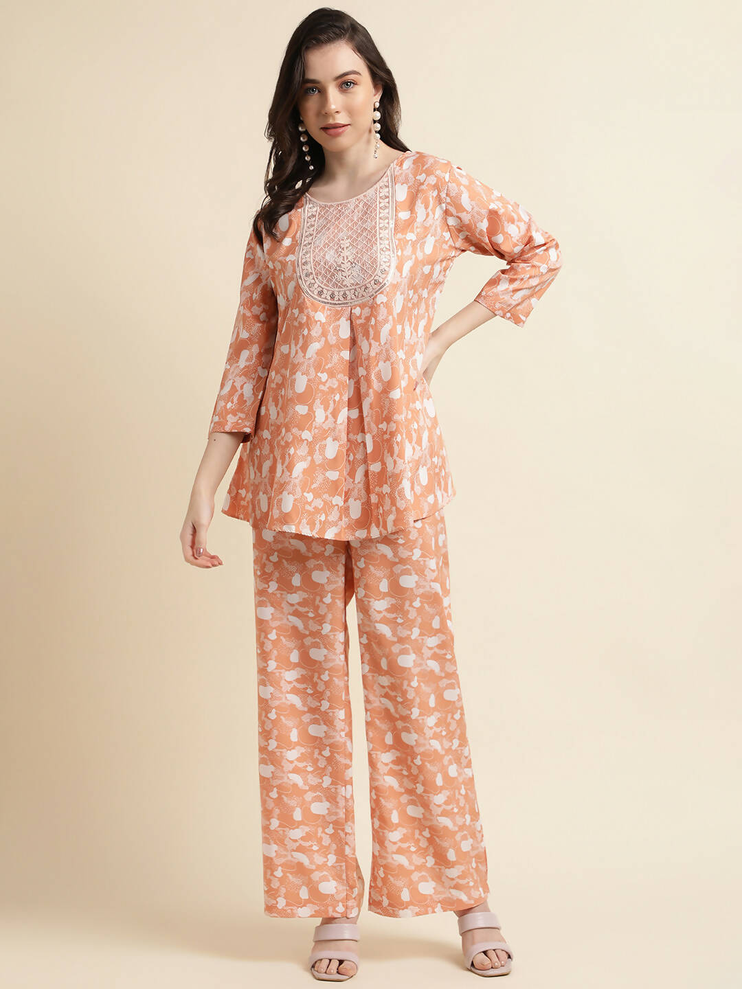 Orange Poly Crepe Digital Printed Top with Matching Bottom - Preeti - Distacart