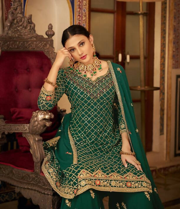 Green Heavy Chinon Semi Stitched Kurta with Bottom & Dupatta - Dhvani - Distacart