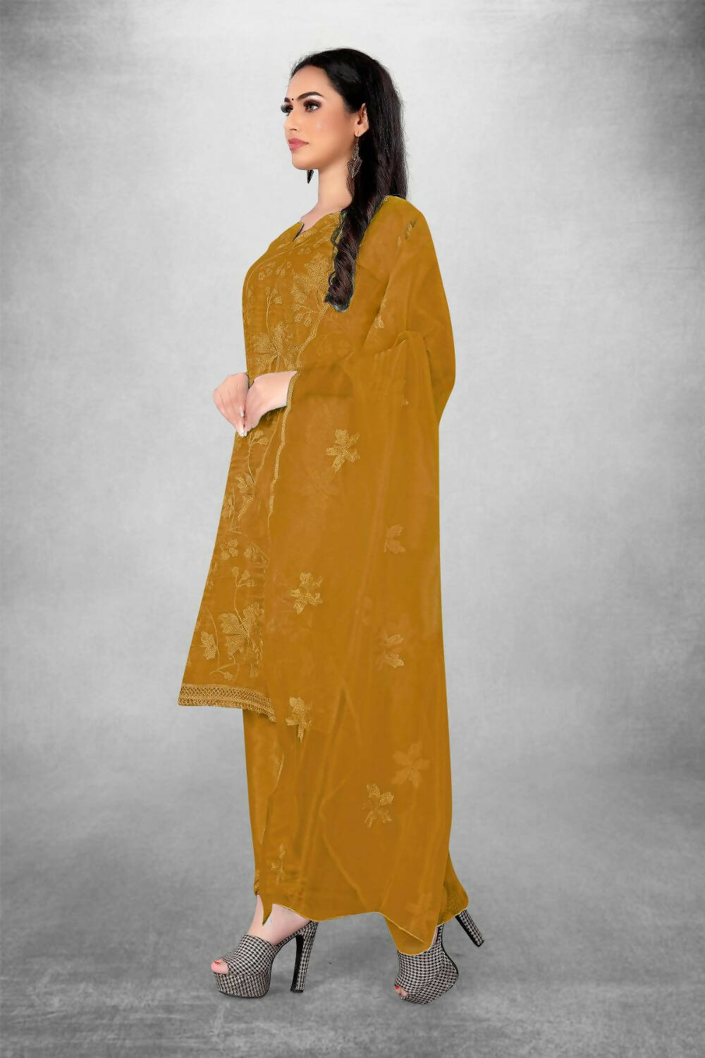Mustard Heavy Organza Silk Embroidered Unstitched Dress Material - Amara - Distacart
