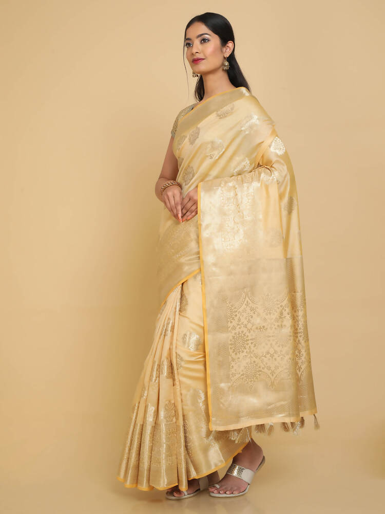 Kalamandir Floral Cream Silk Blend Saree