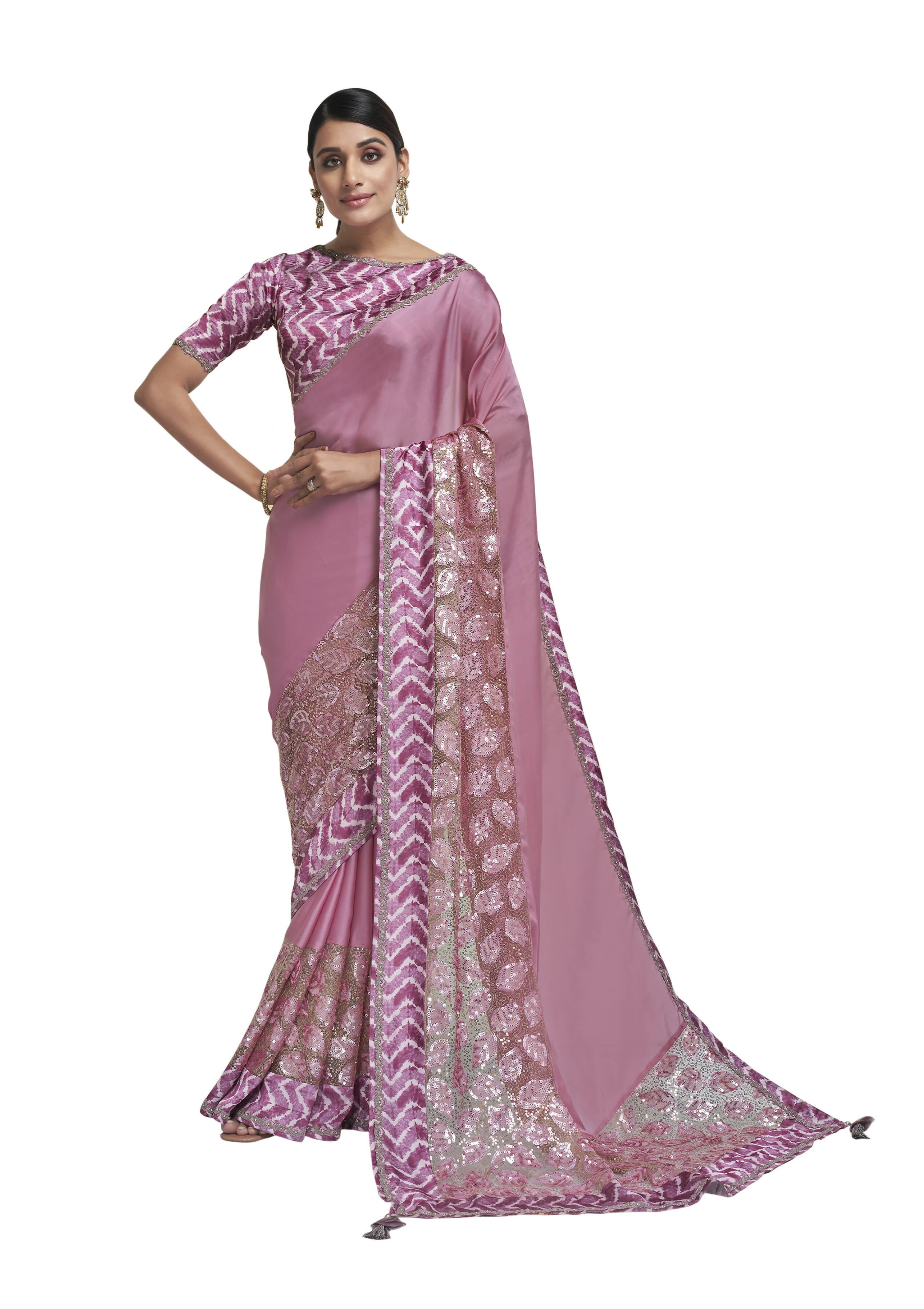 Pink Crepe Georgette Applic Work With Sequence Saree With Blouse Piece - Norita Avyaan - Distacart