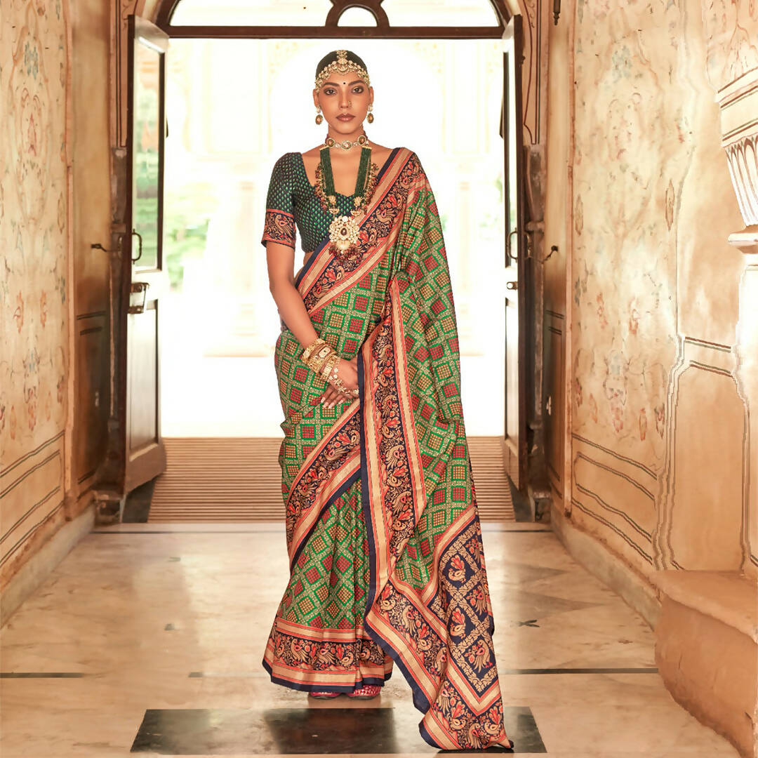 Perot Green Silk With Banarasi Print Work Saree - Trirath Yamuna - Distacart