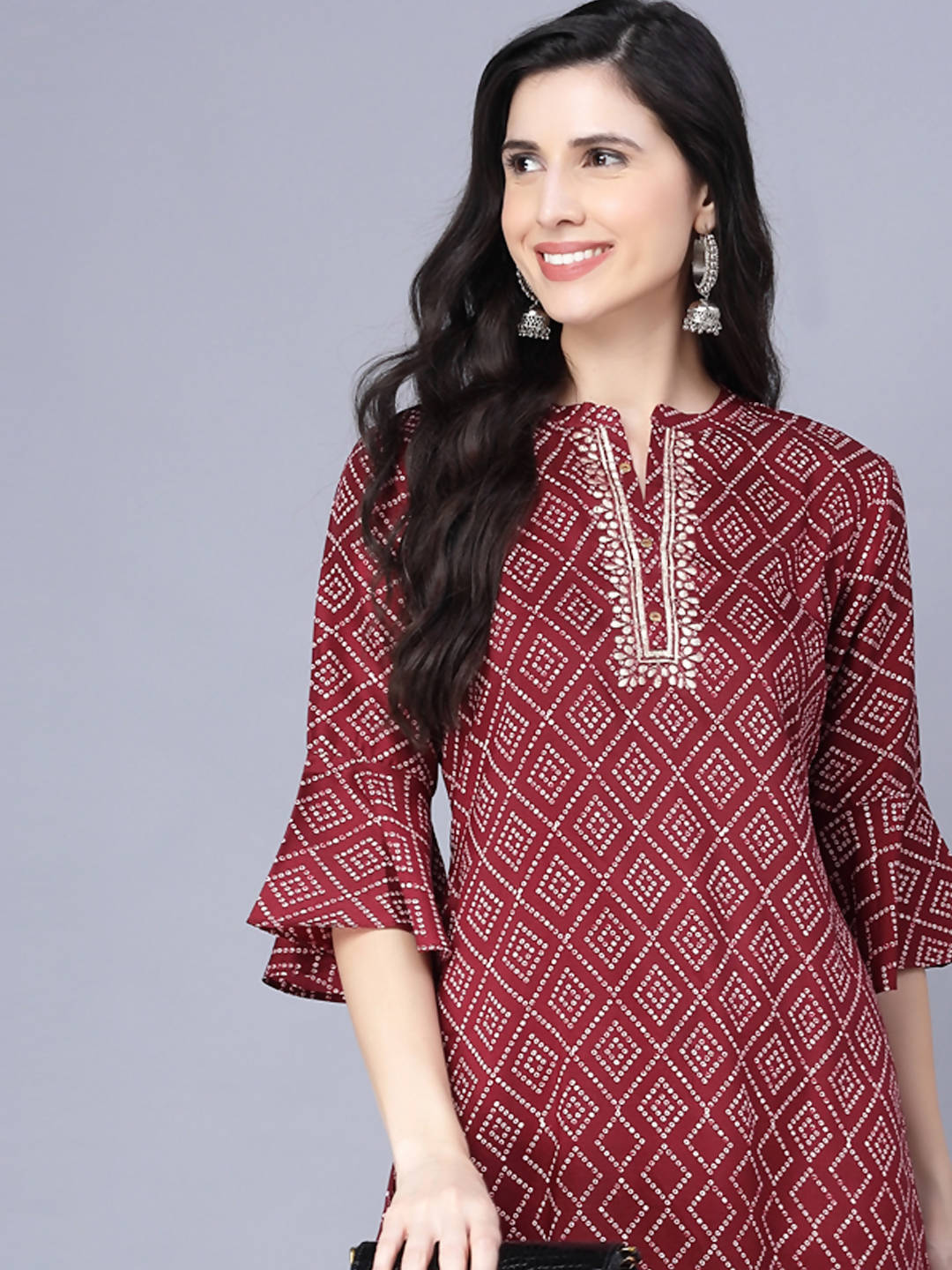 Myshka Silk Printed 3/4 Sleeve Round Maroon Women Kurta - Distacart