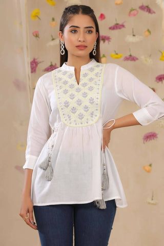 Juniper Women White Cotton Moss Embroidered A-Line Tunic - Distacart