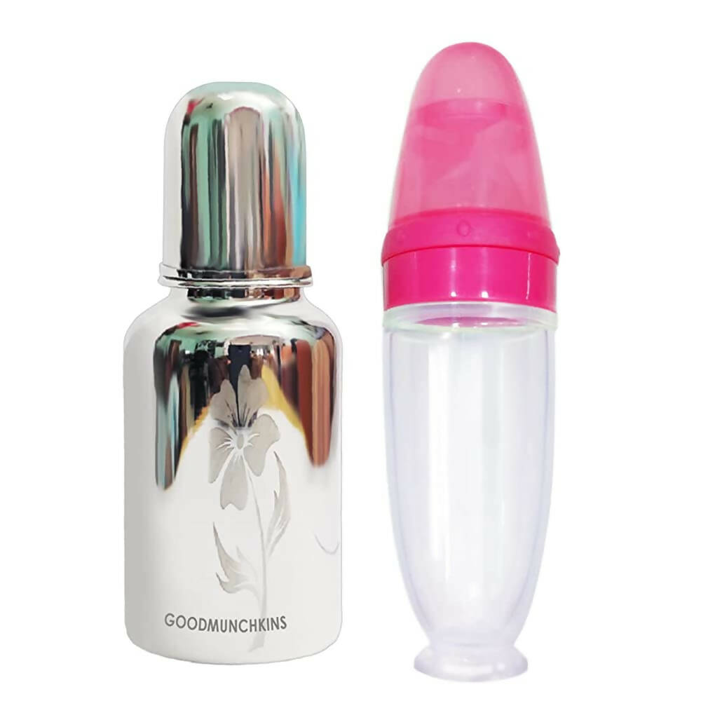 Goodmunchkins Stainless Steel Feeding Bottle 304 Grade Jointless & Spoon Food Feeder for Baby Nipple Feeder 300 ml Combo Pack-Pink - Distacart