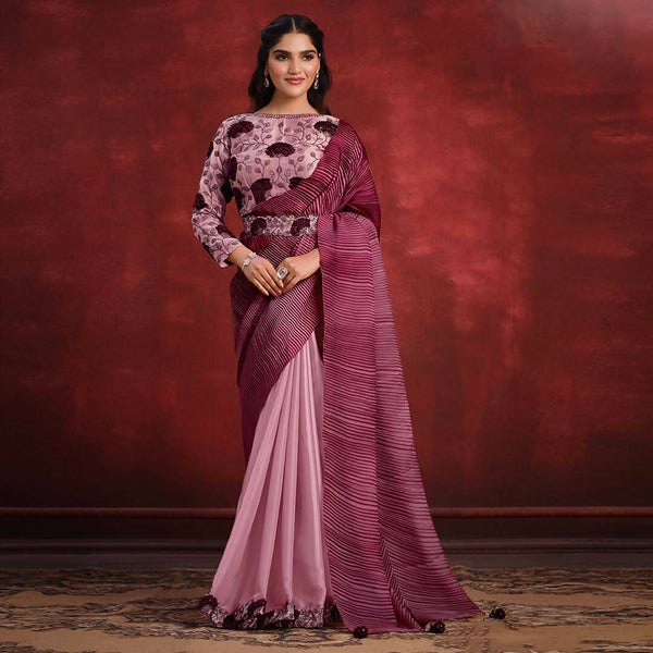 Peach Crepe Satin Silk Sequence Thread & Stone Work/ Texture Pallu Saree - Mohmanthan Kimiya - Distacart