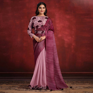 Peach Crepe Satin Silk Sequence Thread & Stone Work/ Texture Pallu Saree - Mohmanthan Kimiya - Distacart