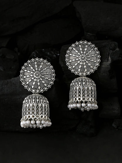 NVR Women Silver Toned Dome Shaped Jhumkas Earrings - Distacart