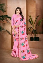 Thumbnail for Pink Georgette Floral Printed Saree With Unstitched Blouse Piece - Jyoti - Distacart
