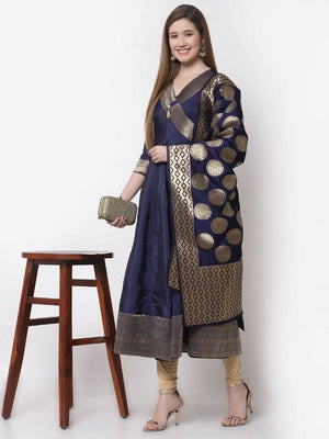Myshka Blue Color Silk Solid Anarkali Gown With Dupatta