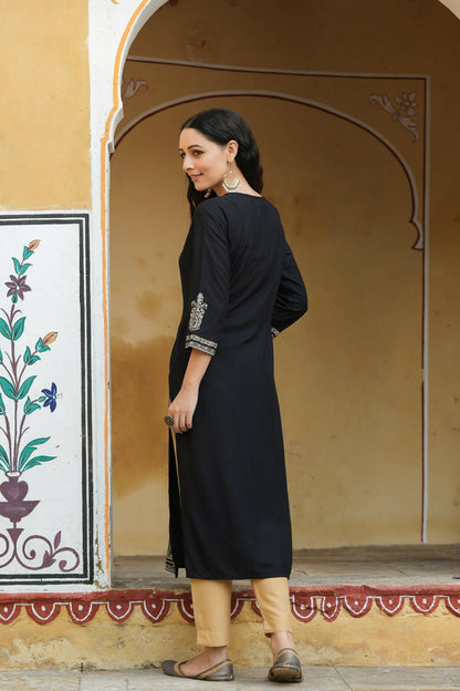Juniper Women's Black Rayon Printed Straight Kurta - Distacart