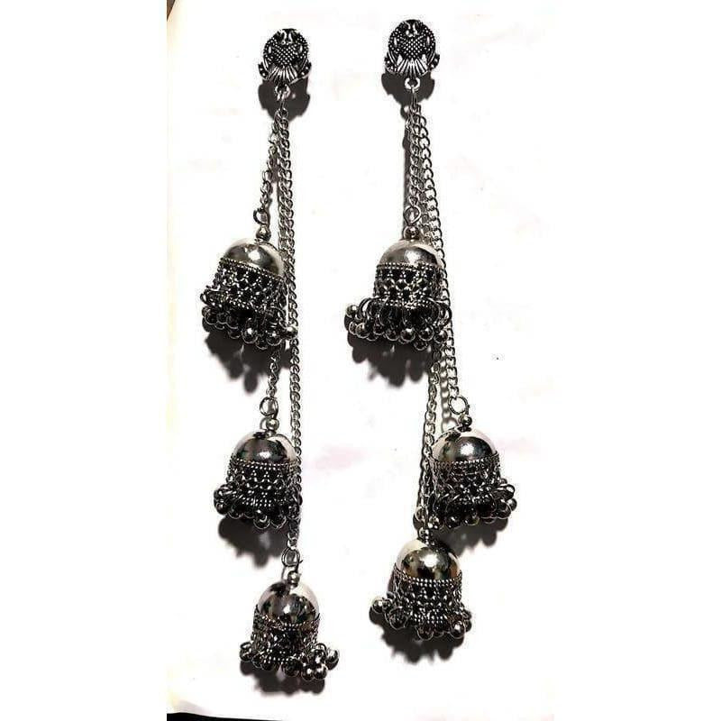 Antique Silver Long Chain Triple Afghani Hanging Kashmiri Earrings