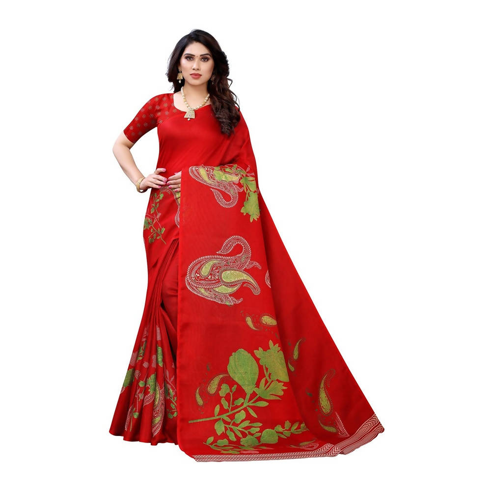 Vamika Printed Jute Silk Red Saree (Leo Red)
